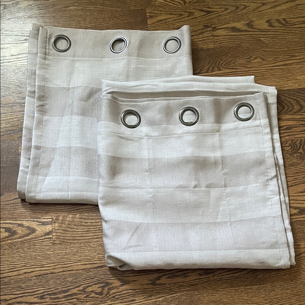 Grey stripped curtain panels